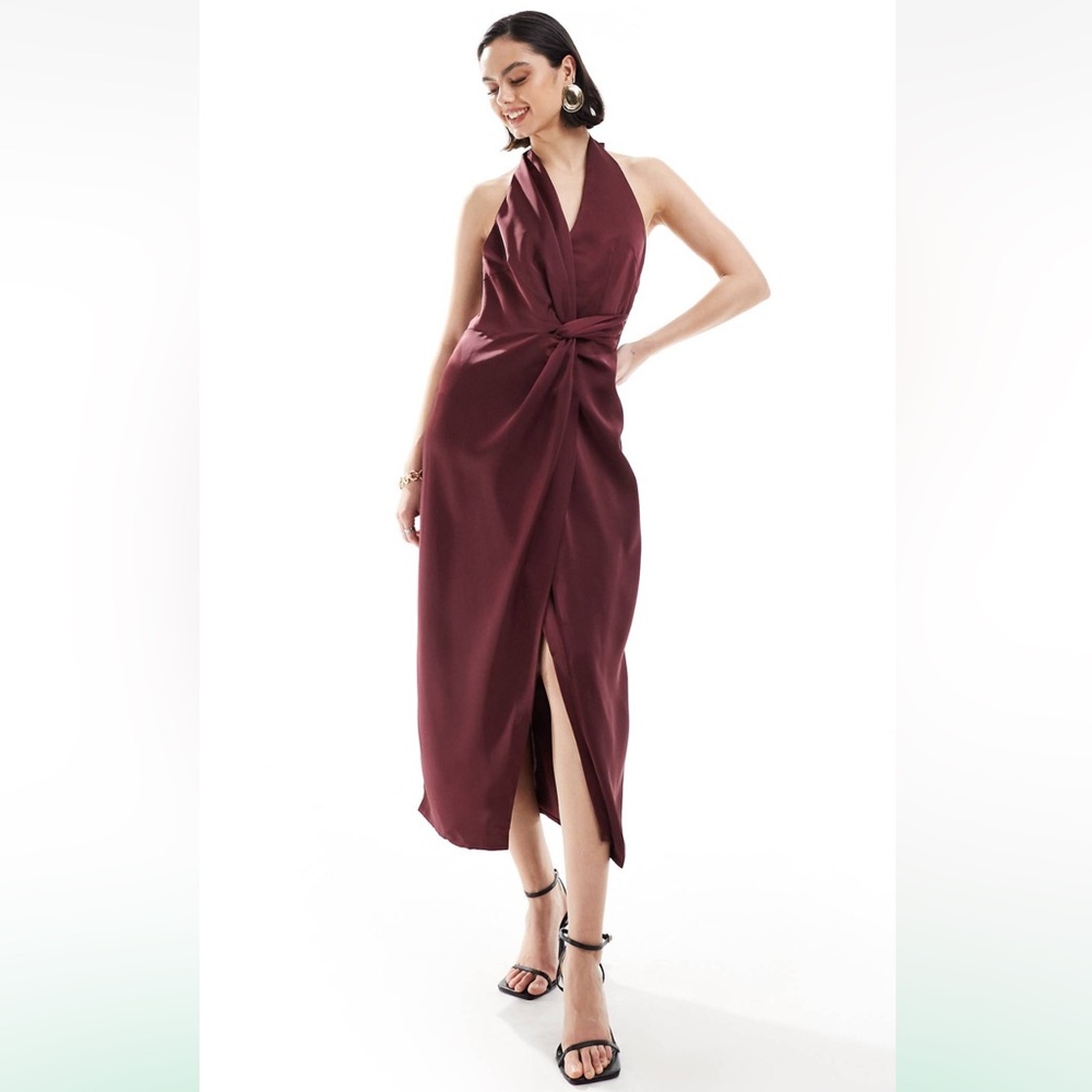 Pretty Lavish knot front satin maxi dress in merlot